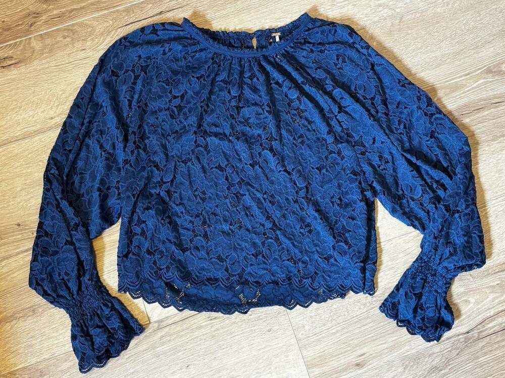 Free People Sweetest Thing Navy Blue Lace Smocked Cuff Top Size S